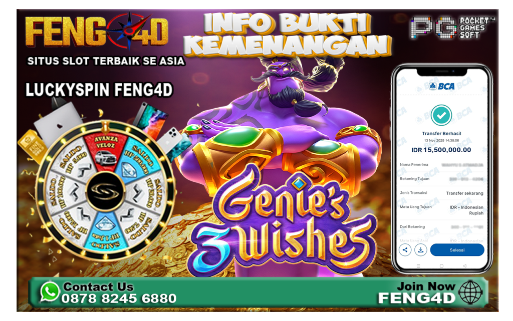 Kemenangan Slot Genie’s 3 Wishes PG SOFT Beri Rp 15,5 Juta di Feng4D