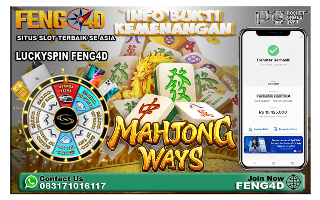 Gacor Parah! Bukti Kemenangan Slot Mahjong Ways (PG Soft) Rp10.425.000 di Feng4D